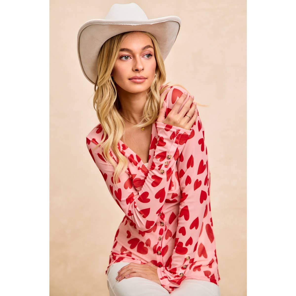 HEART PRINTED MESH TOP WITH BUTTON UP V NECK