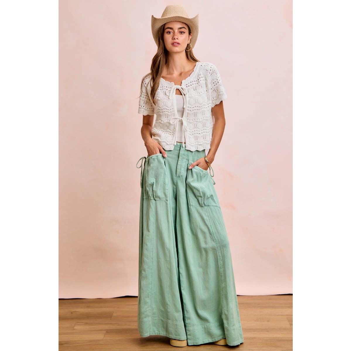 FRONT BOW TIE DETAIL POINTELLE KNIT TOP