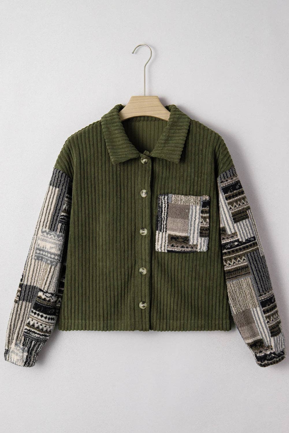 Jungle Green Ribbed Fleece Plaid Print Patchwork Button Up Jacket