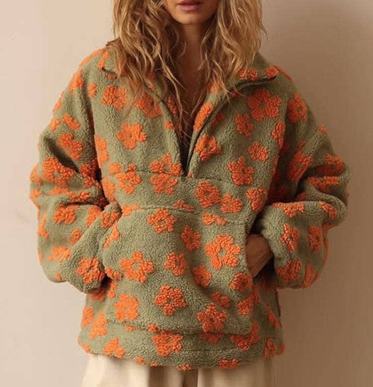 Oversized winter half-zip floral sherpa fleece sweatshirt