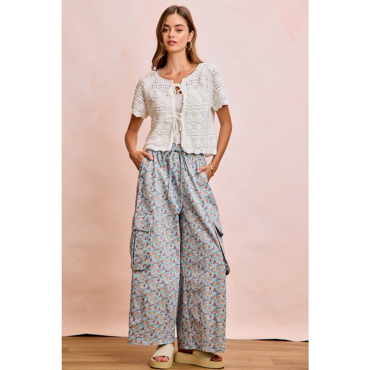FRONT BOW TIE DETAIL POINTELLE KNIT TOP