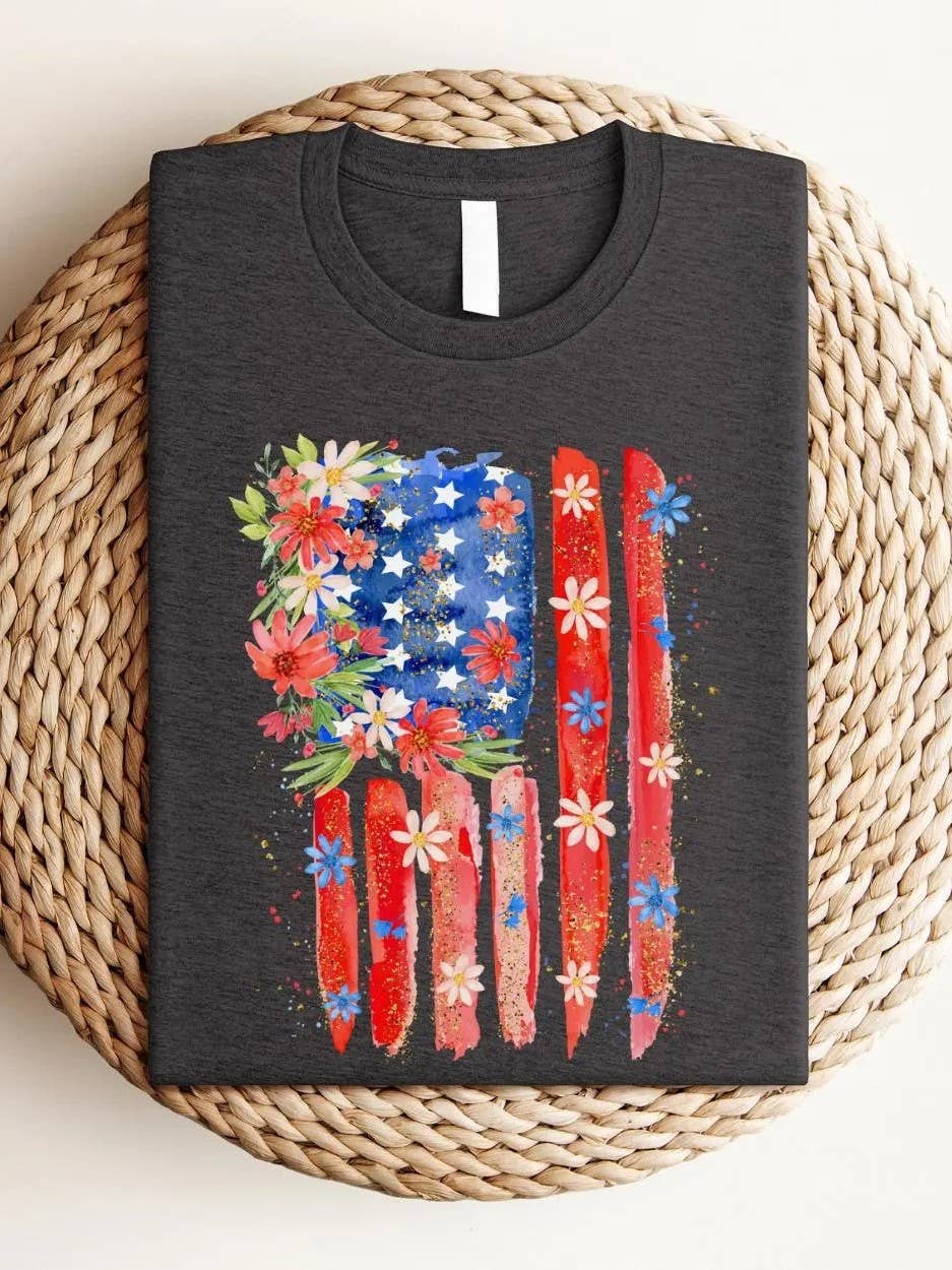 Floral American Flag 4th Of July Graphic Cotton Tee