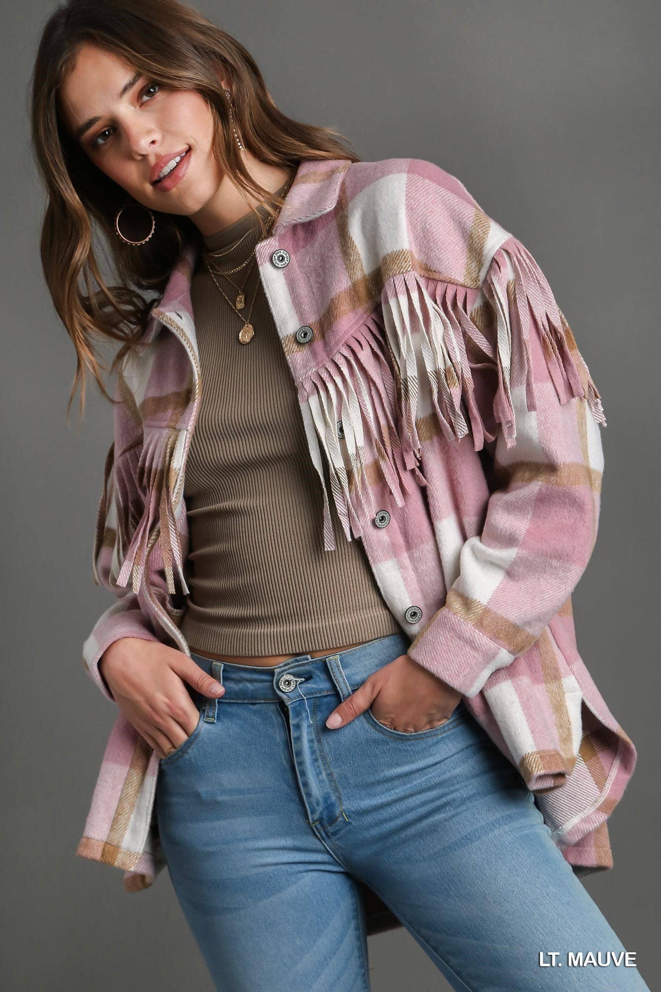 Plaid Button Down Collared Jacket with Fringe Details