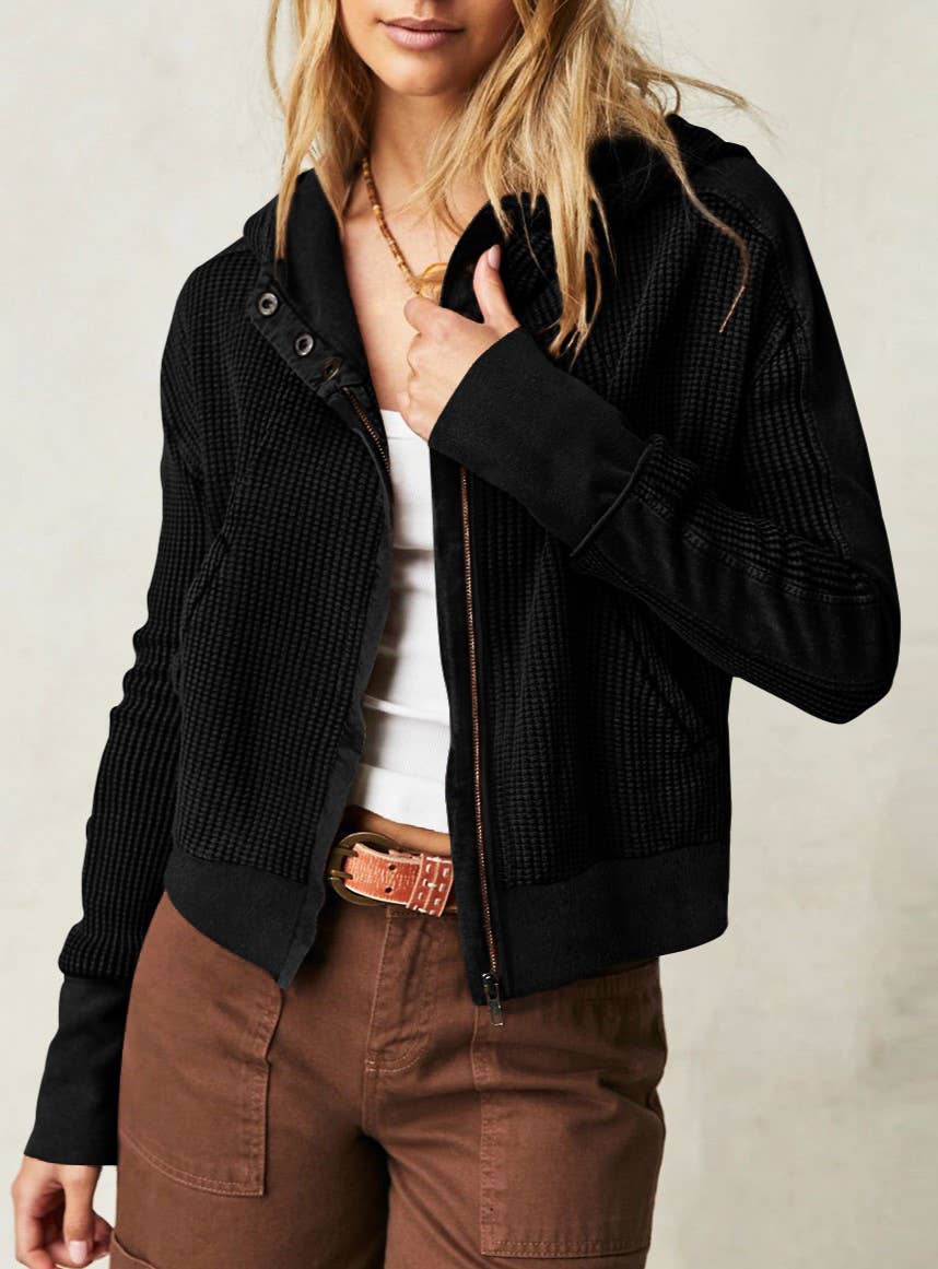 Half button zip up waffle crop hoodie sweatshirt jacket