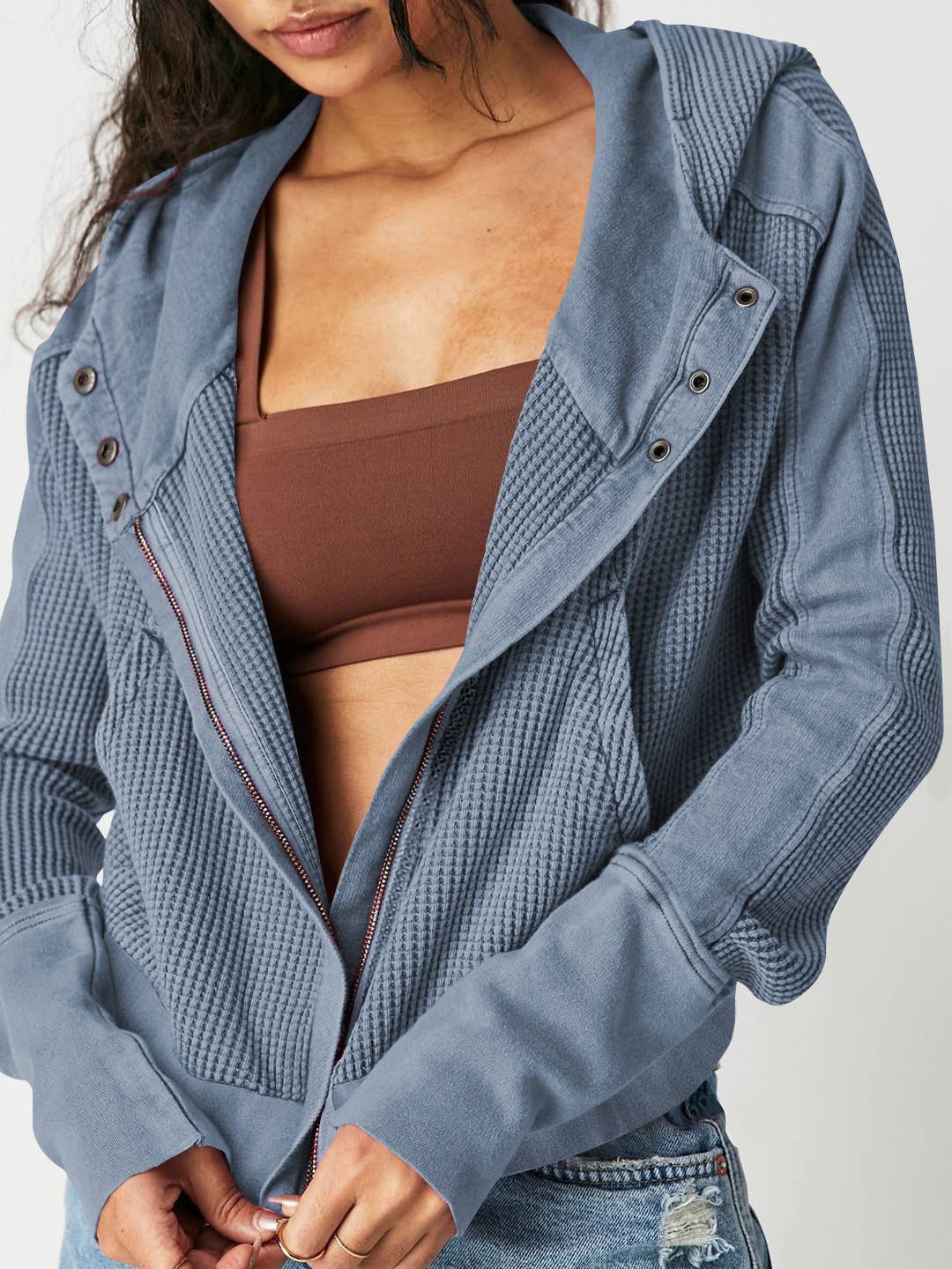 Half button zip up waffle crop hoodie sweatshirt jacket