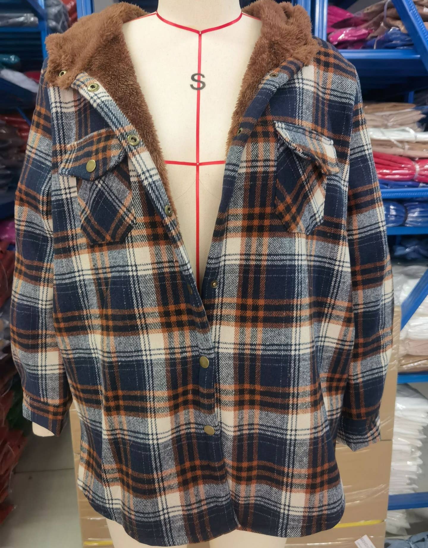 Western buttons hoodie plaid fleece lined shacket coat