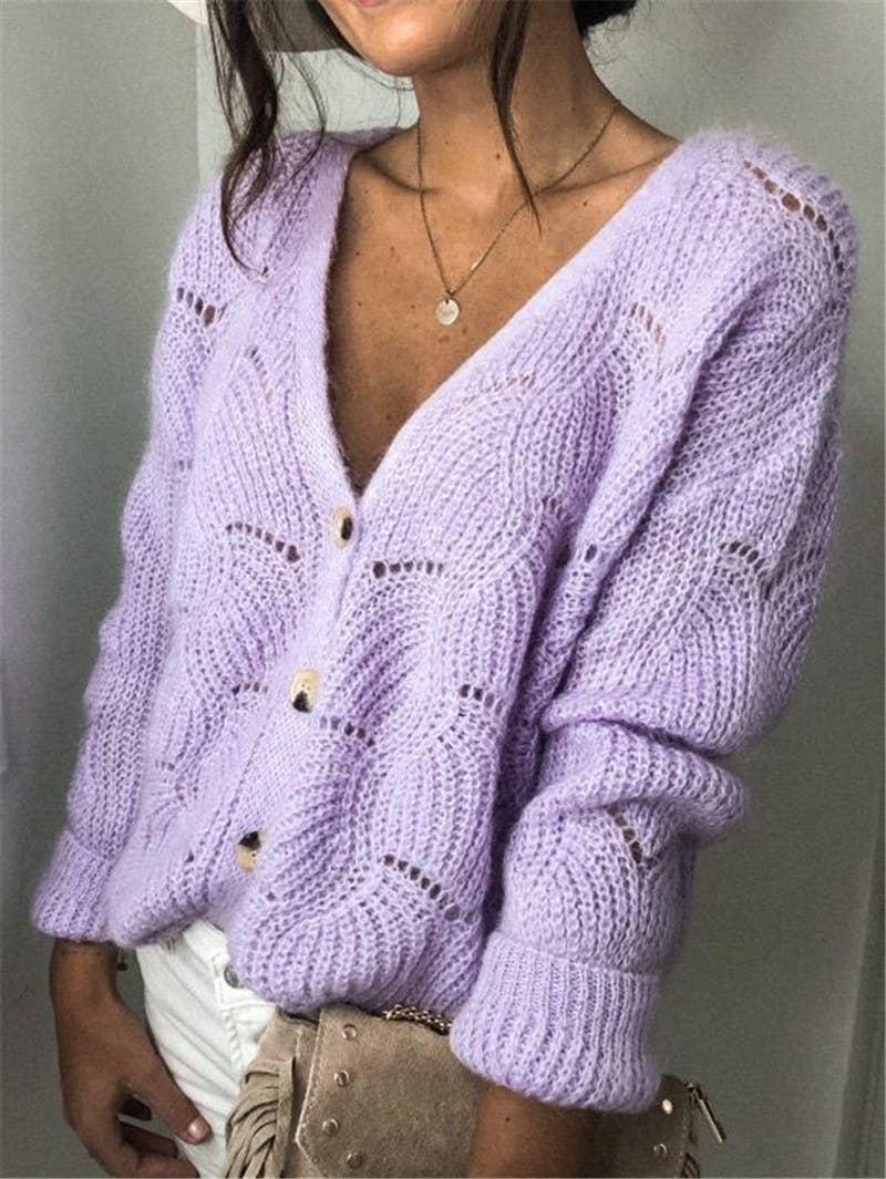V-Neck Hollow Knit Cardigan Sweater