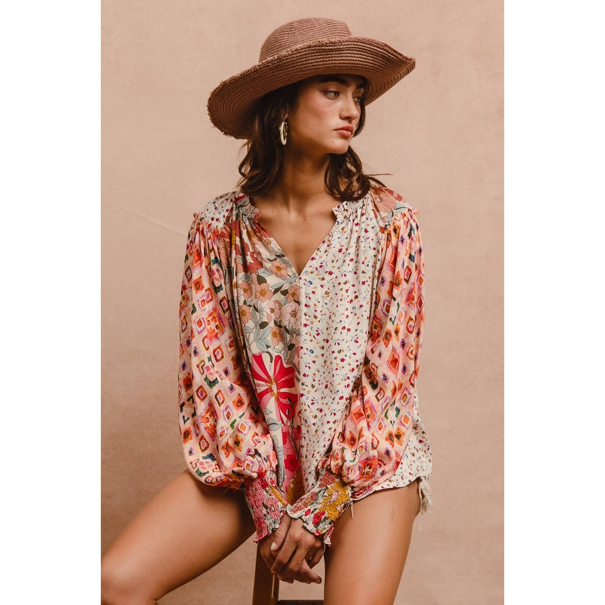 FLORAL PRINT MIX AND MATCH LONG SLEEVE PEASANT TOP