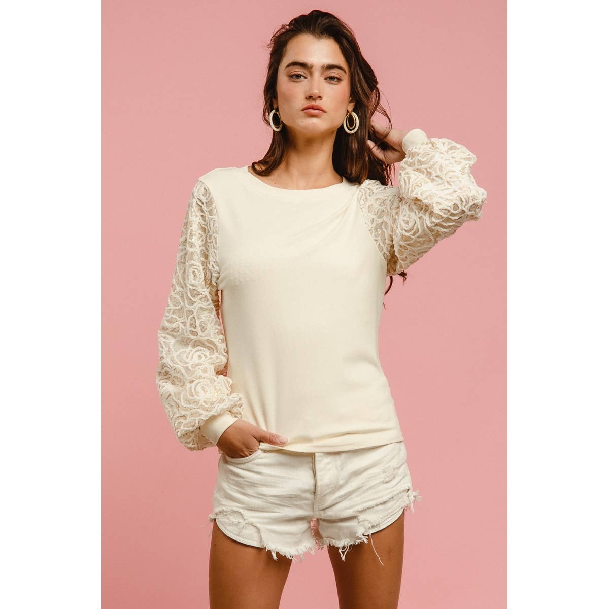CHENILLE AND SEQUIN EMBELLISHED FLORAL KNIT TOP