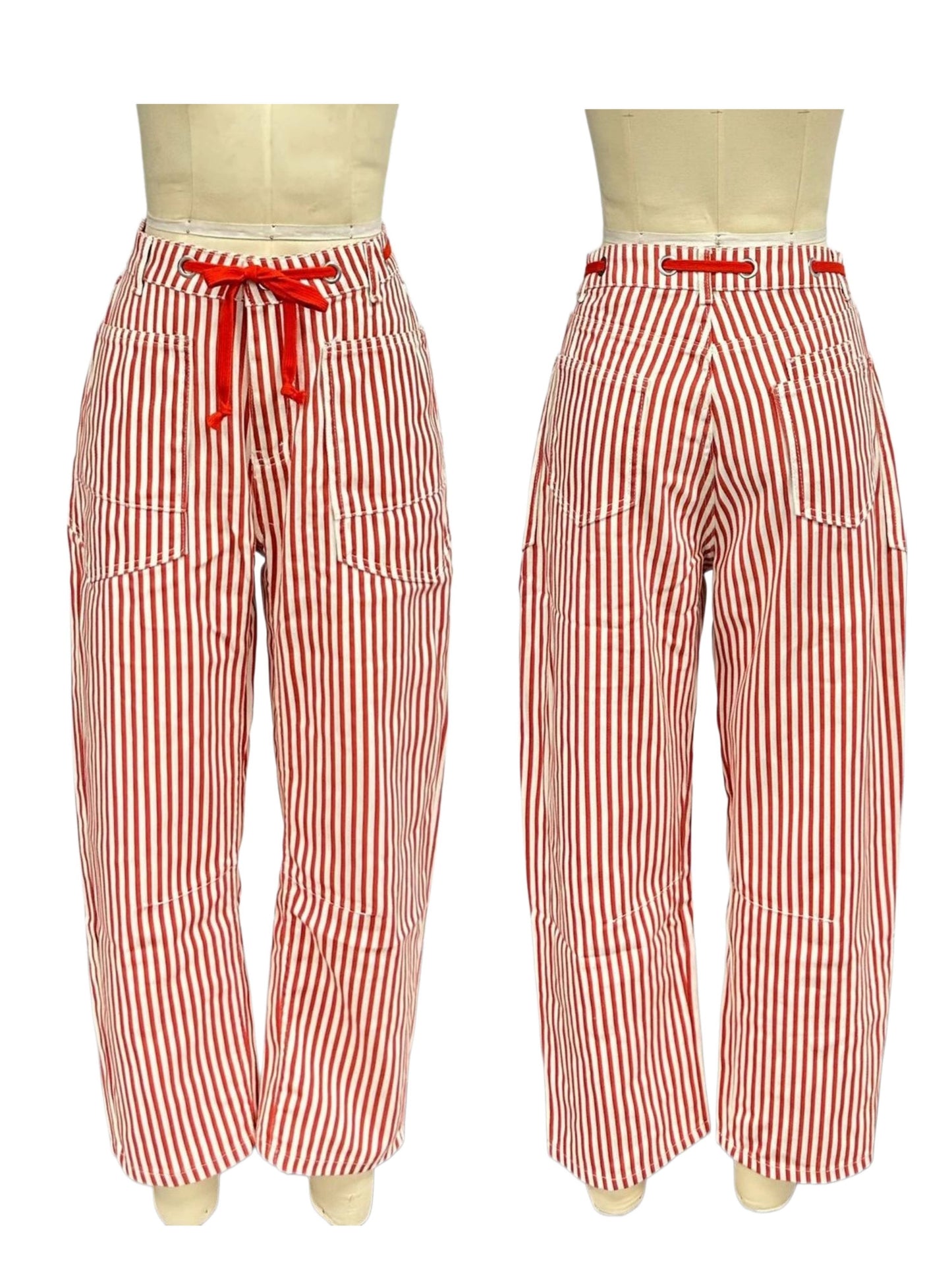 Contrast Drawstring Waist Pull-On Barrel Jeans in Stripe