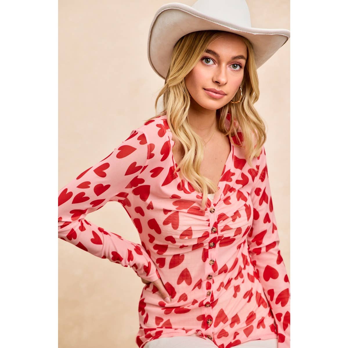 HEART PRINTED MESH TOP WITH BUTTON UP V NECK