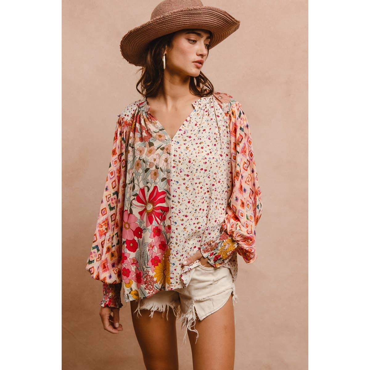 FLORAL PRINT MIX AND MATCH LONG SLEEVE PEASANT TOP