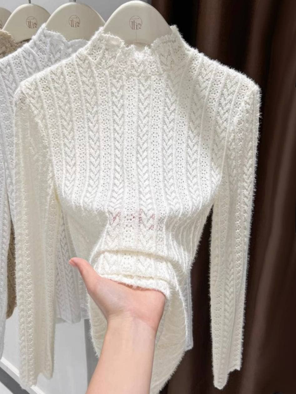 Soft knit Fluffy Texture Lace High neck Layering Top