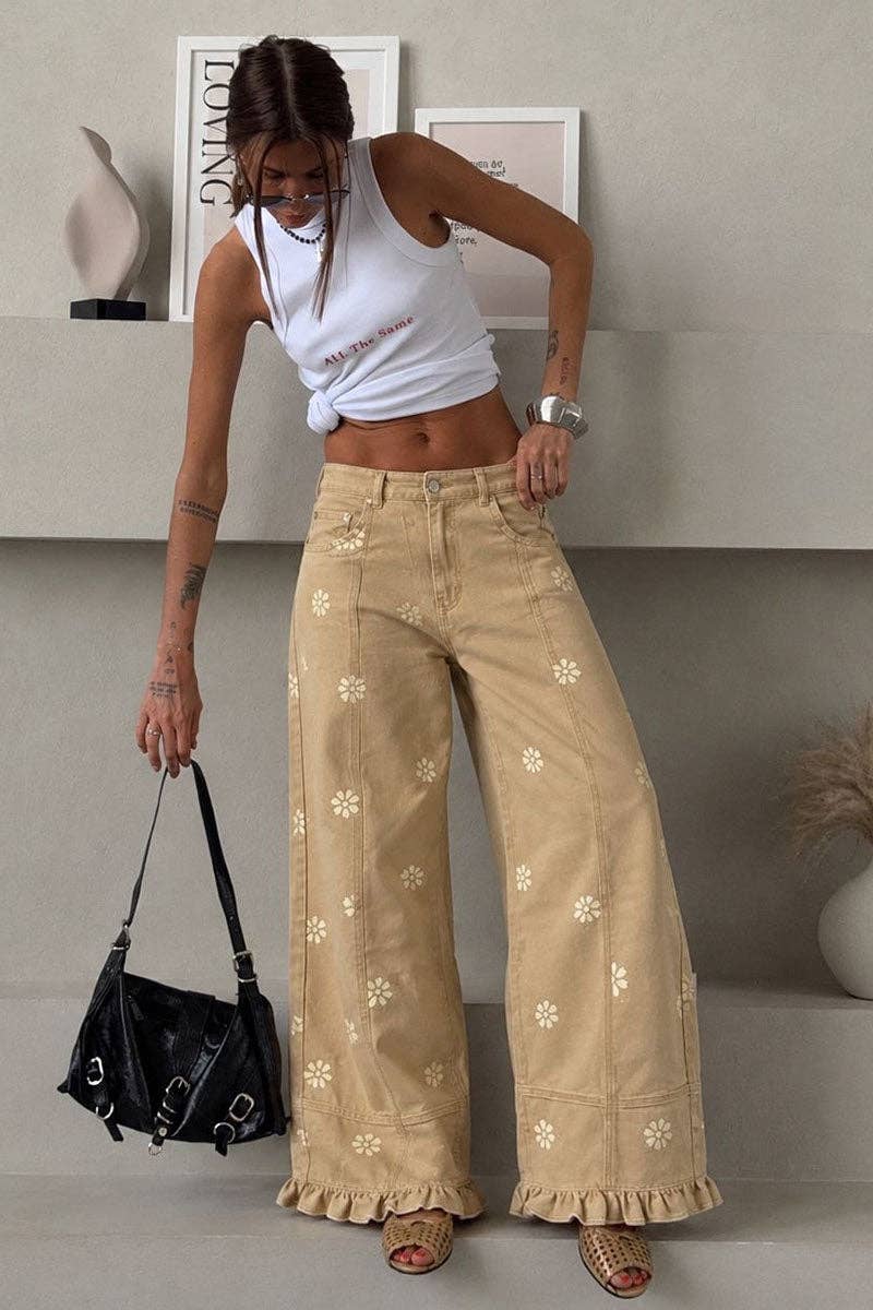 Floral Ruffle Hem Wide Leg Casual Pants