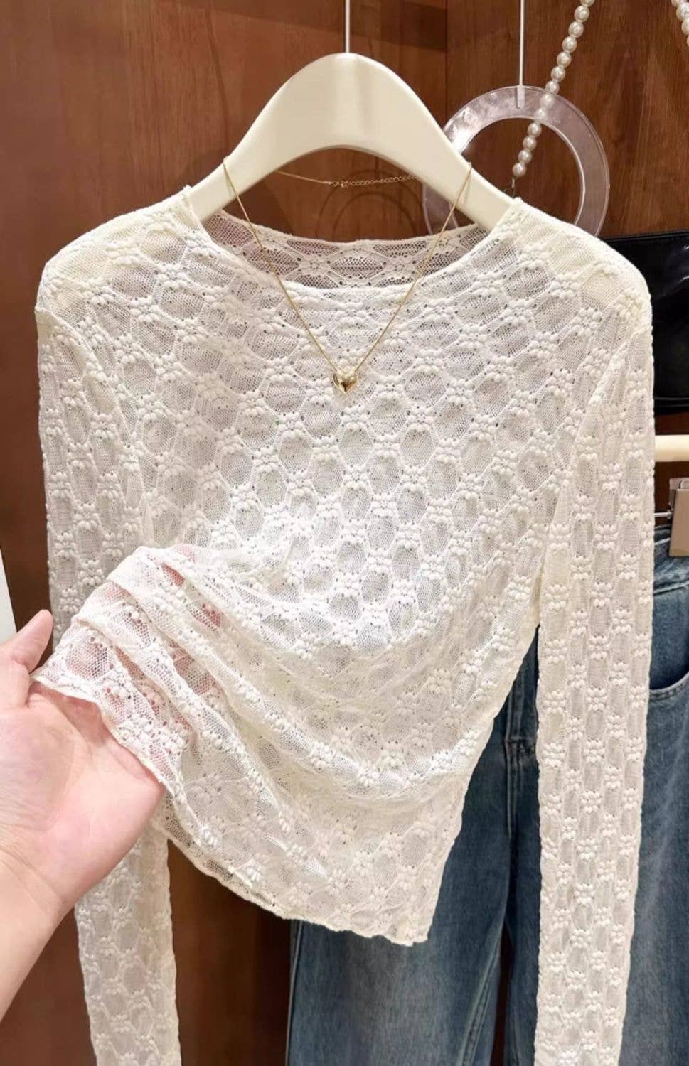 Sheer Mesh Diamond Floral Lace Layering Fitted Crew Top