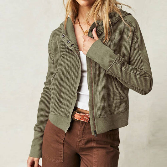 Half button zip up waffle crop hoodie sweatshirt jacket