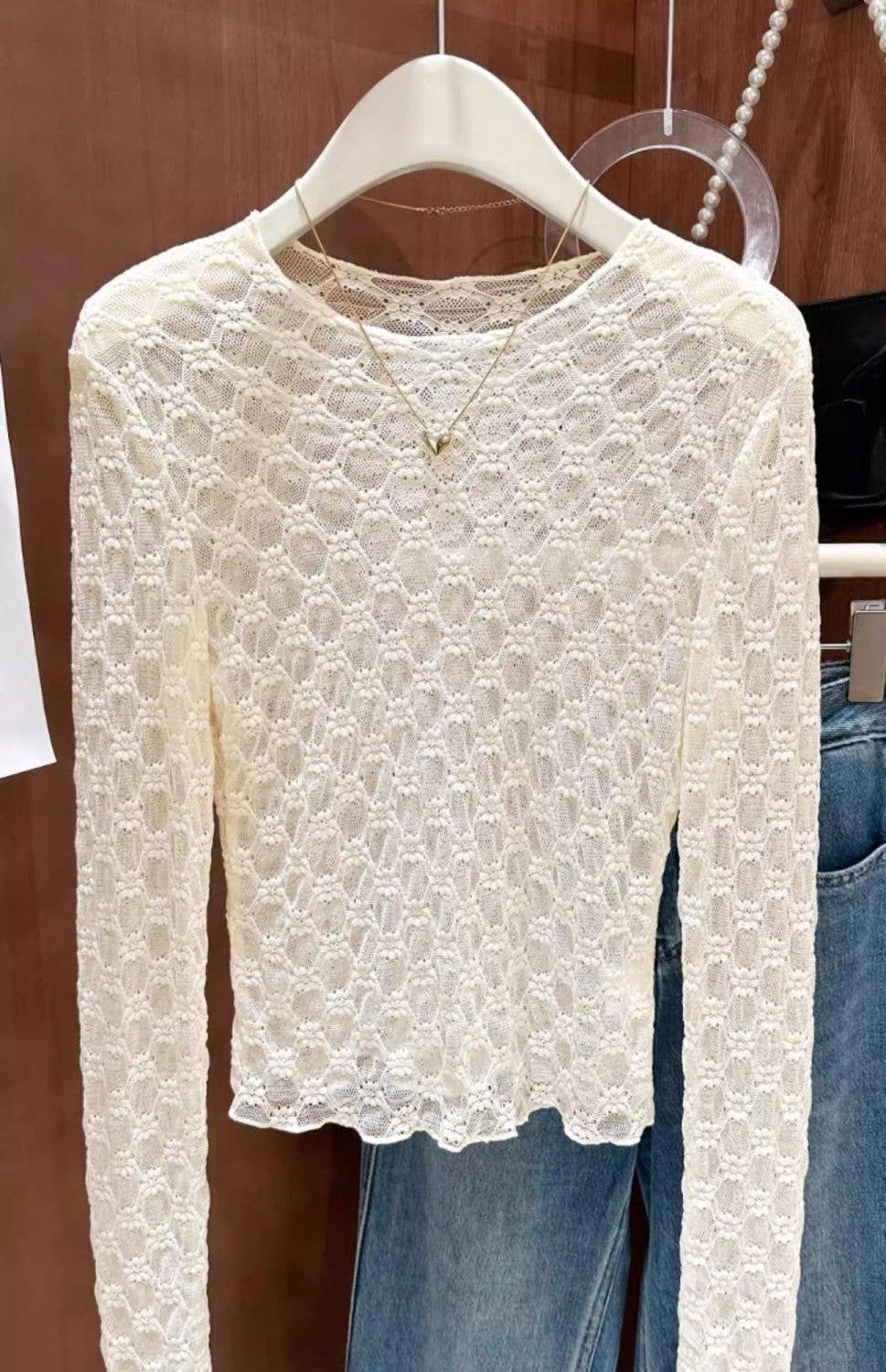 Sheer Mesh Diamond Floral Lace Layering Fitted Crew Top