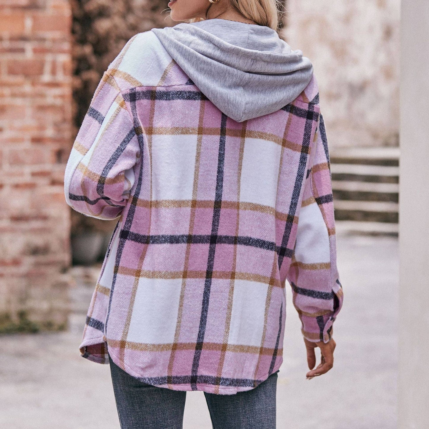 Plaid Hooded Button Down Jacket Long Sleeve Casual Shacket