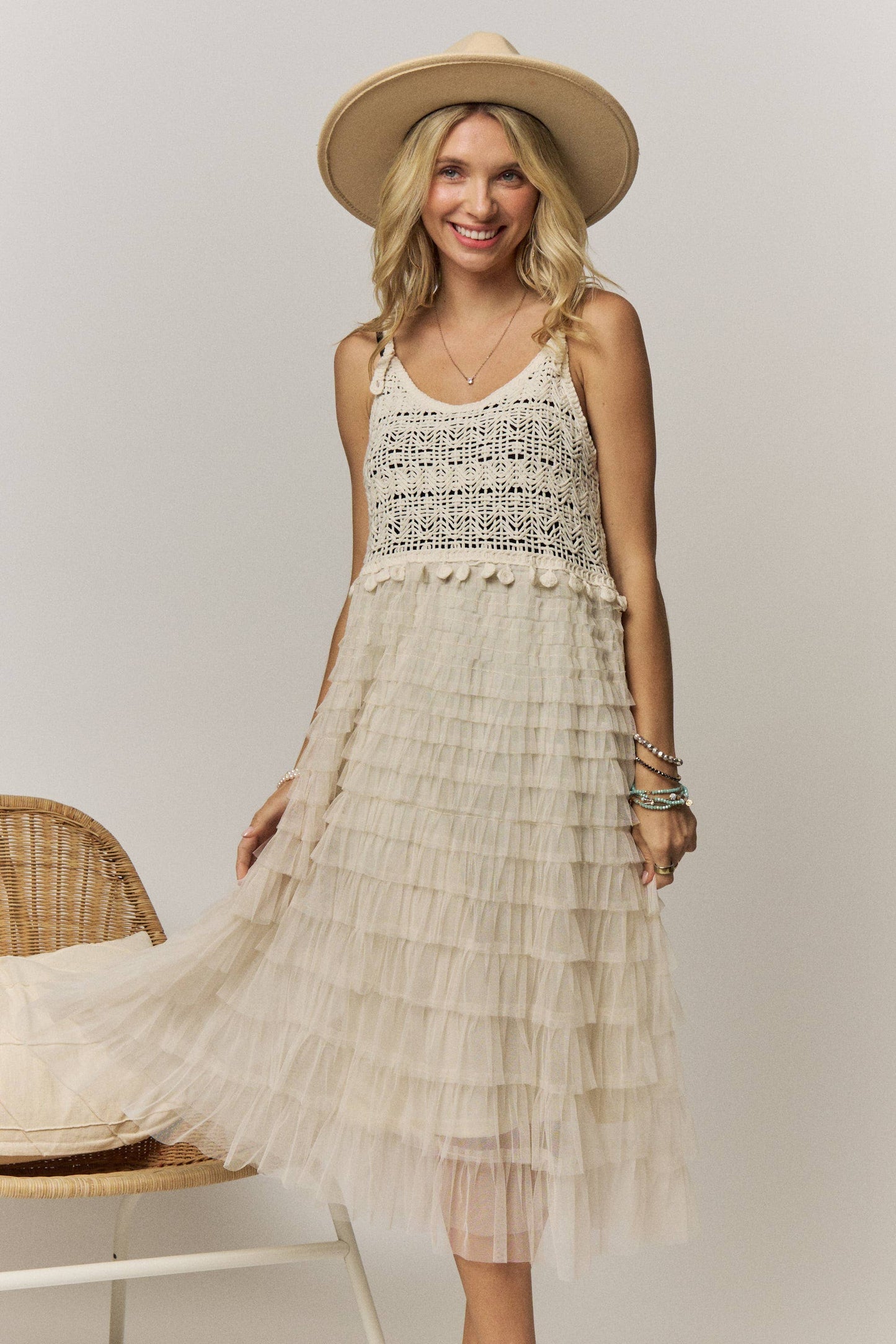 CROCHET TIERED TULLE DRESS