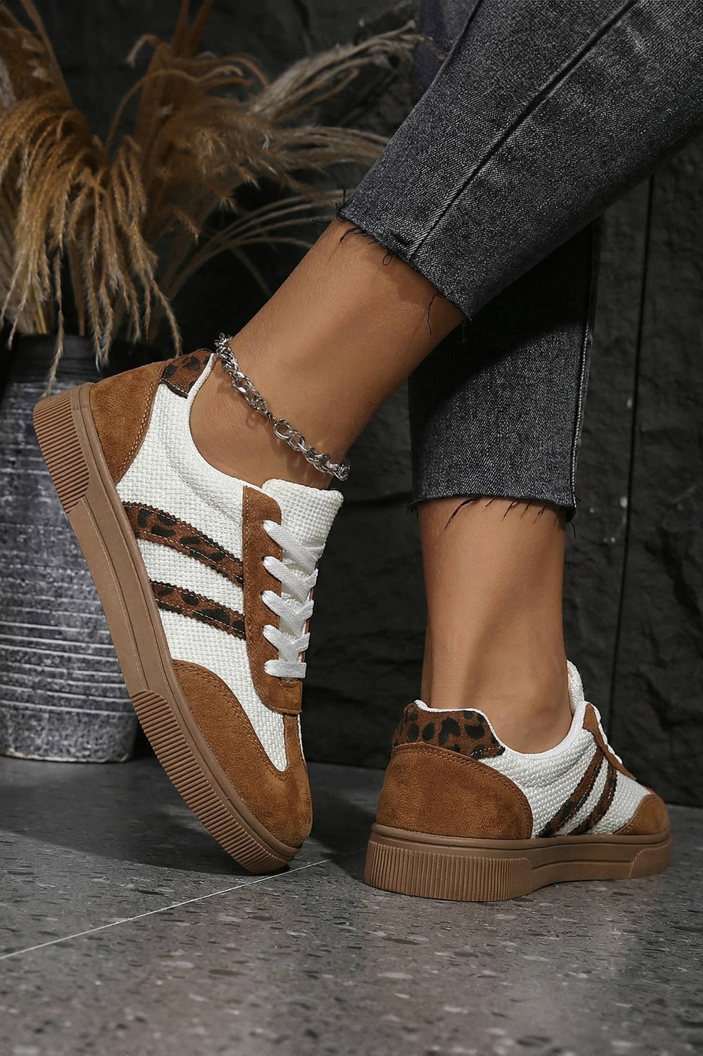 Leather Leopard Patchwork Flat Sneakers