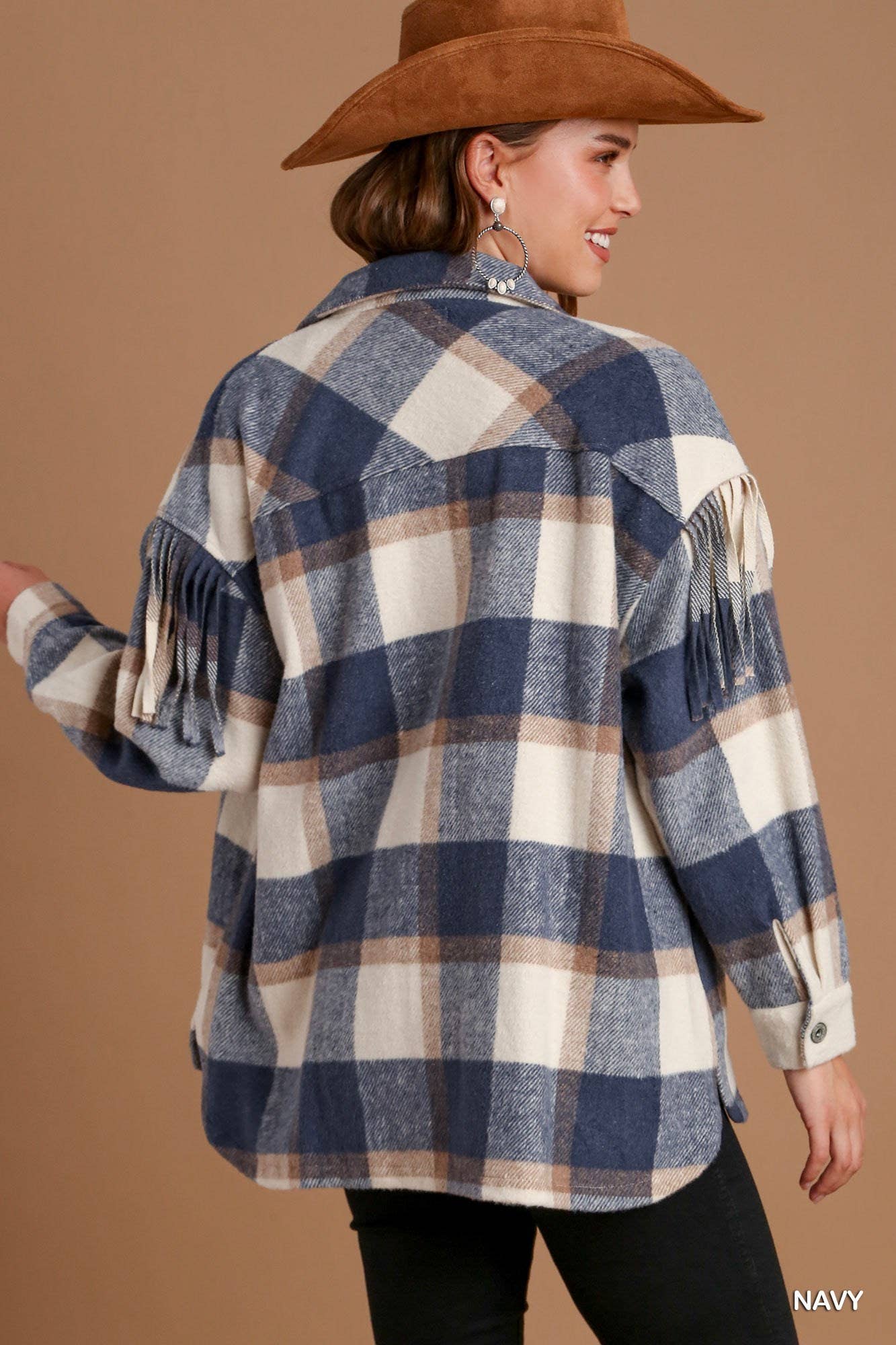 Plaid Button Down Collared Jacket with Fringe Details