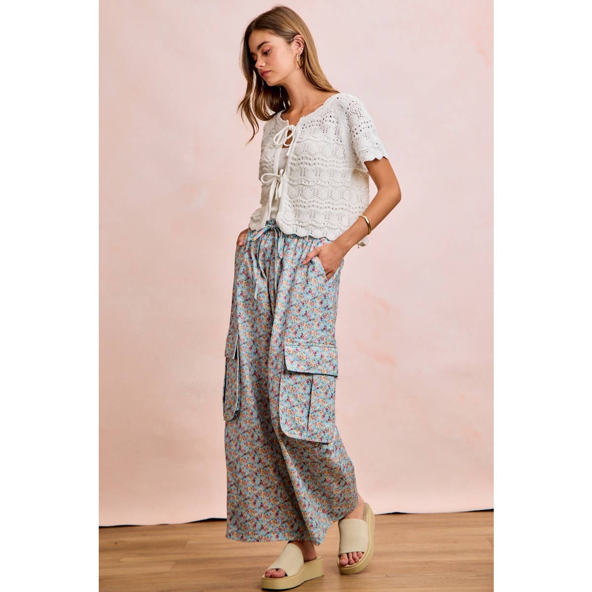 FRONT BOW TIE DETAIL POINTELLE KNIT TOP