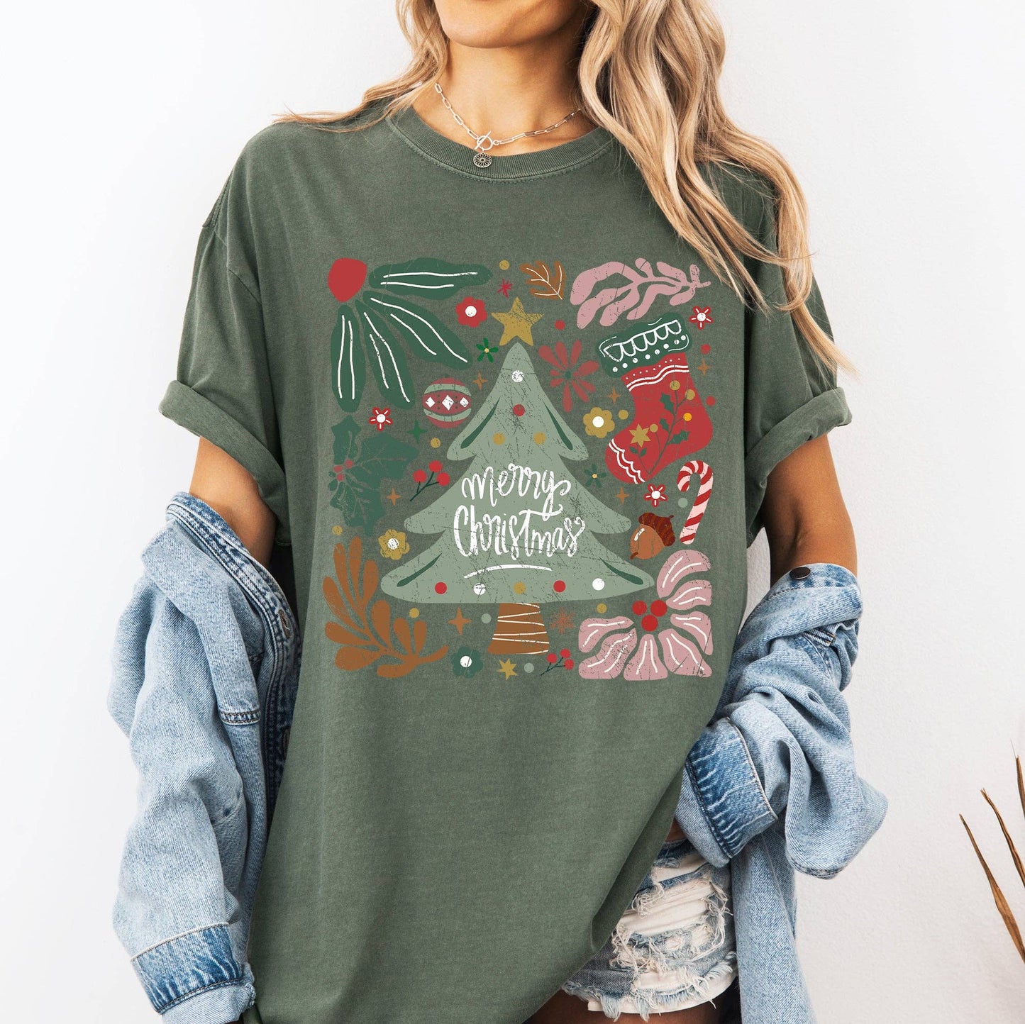 Merry Christmas, Green Floral, Flowers, Xmas Tshirt