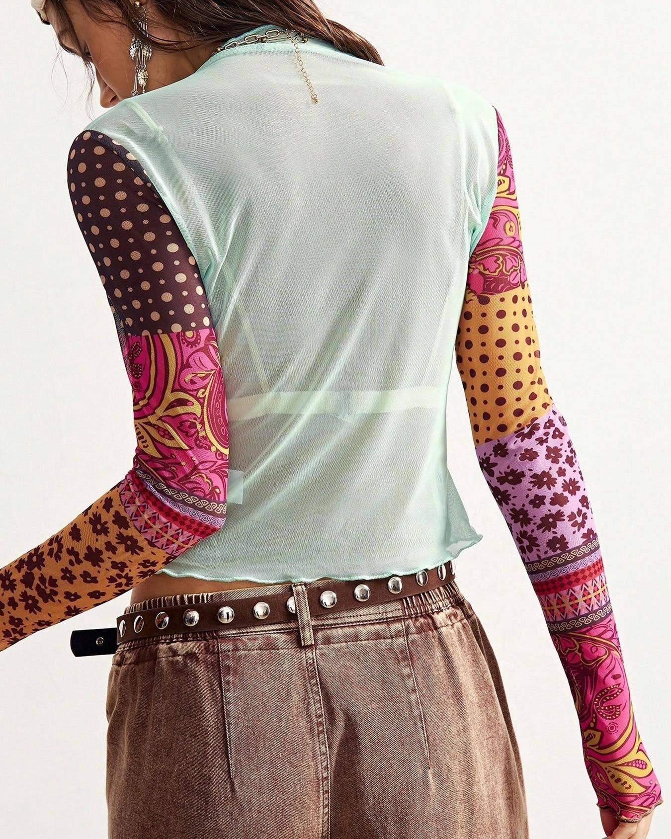 Bohemian Colorblock Floral Print Mesh Blouse