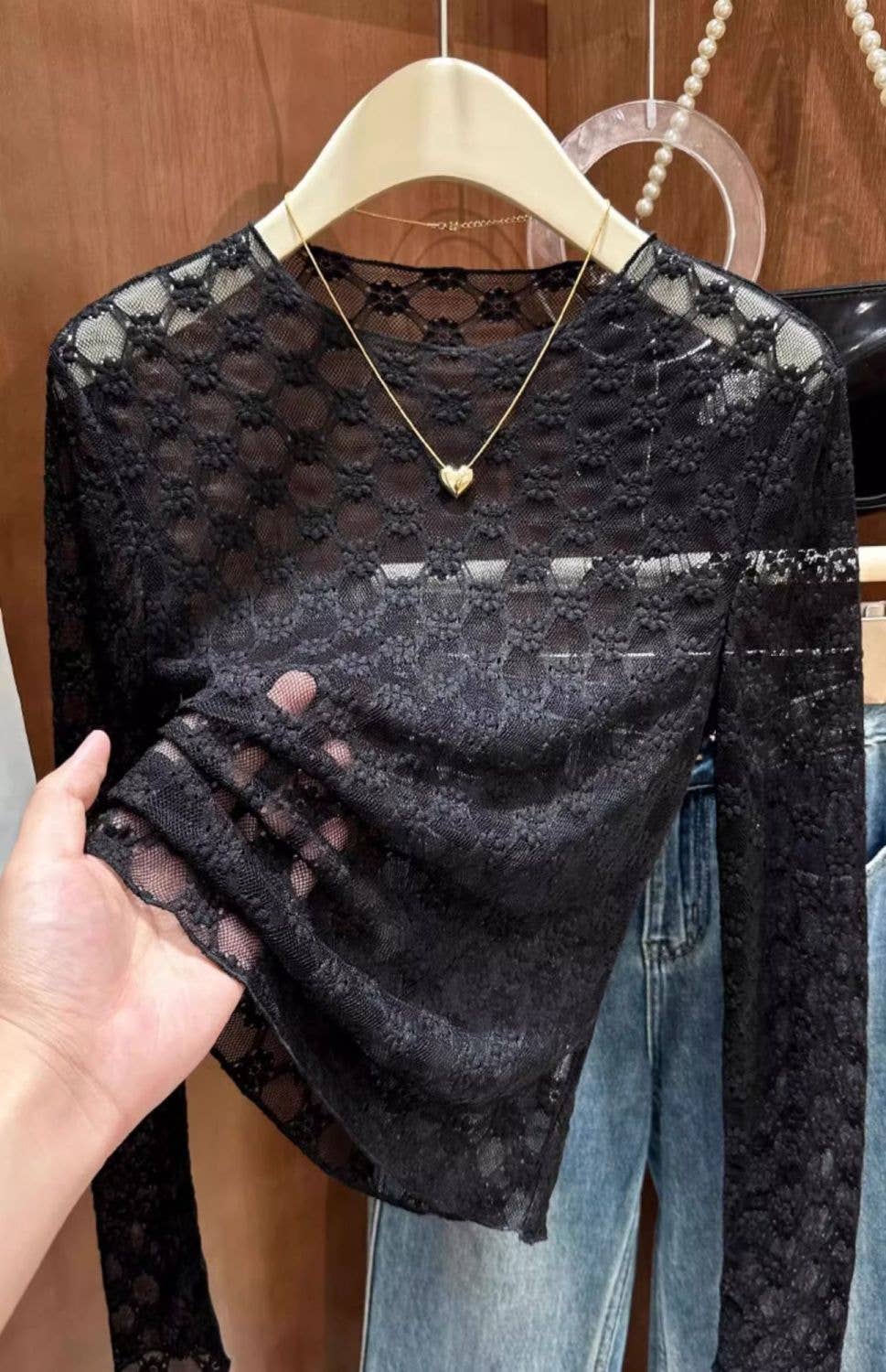 Sheer Mesh Diamond Floral Lace Layering Fitted Crew Top