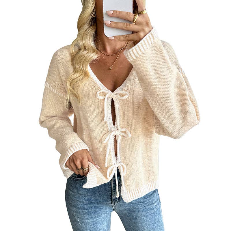 Contrast Trim Tie Front Knit Cardigan Sweater Women