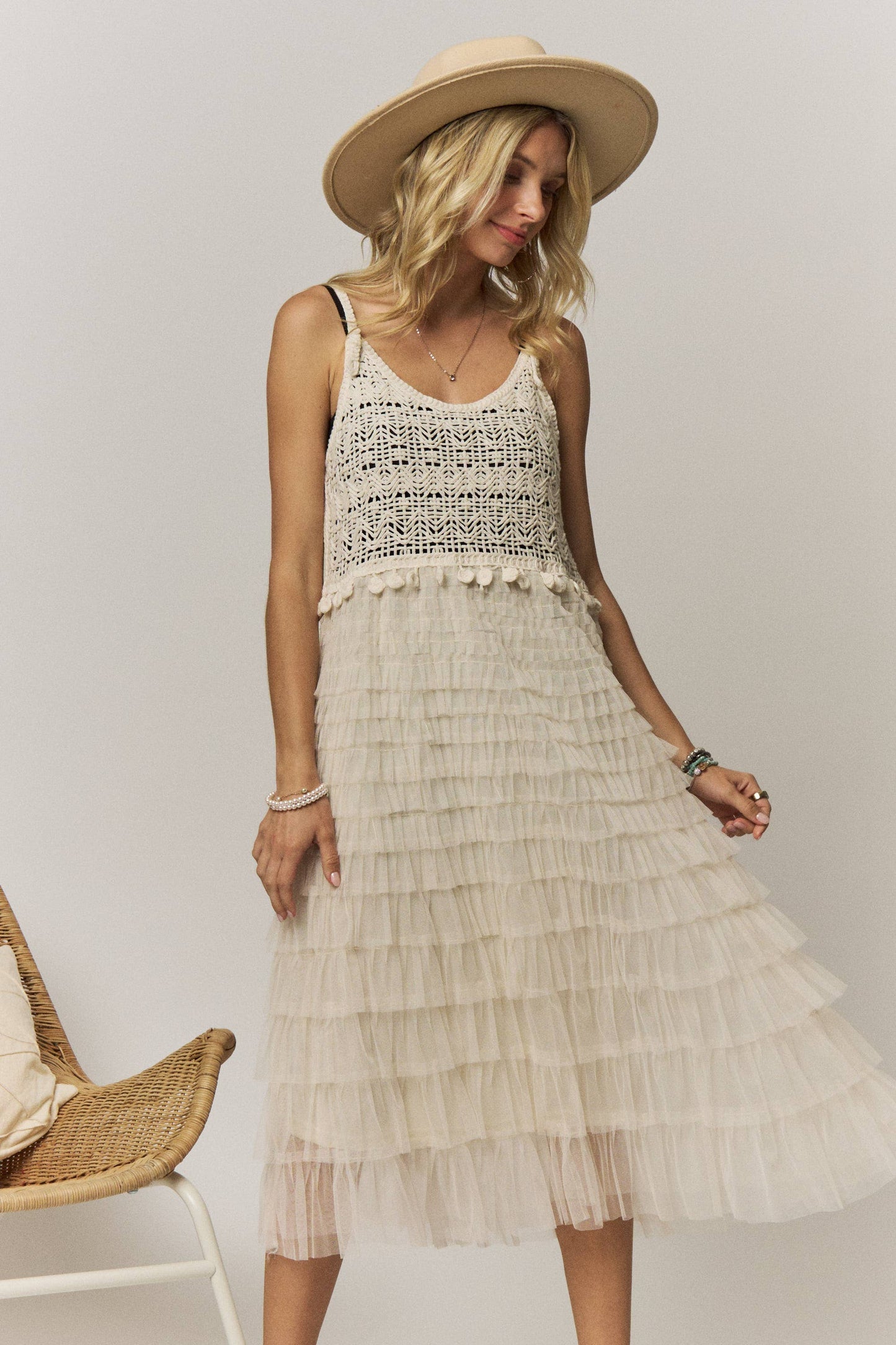 CROCHET TIERED TULLE DRESS