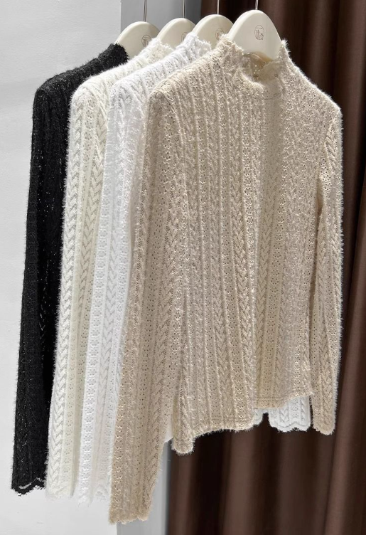Soft knit Fluffy Texture Lace High neck Layering Top