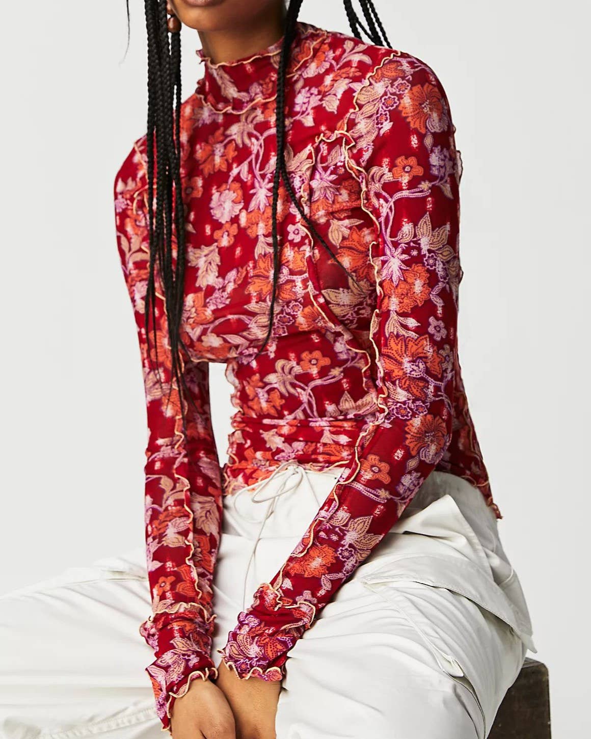 Slim-Fit Sheer Botanical Floral Print Turtleneck Top