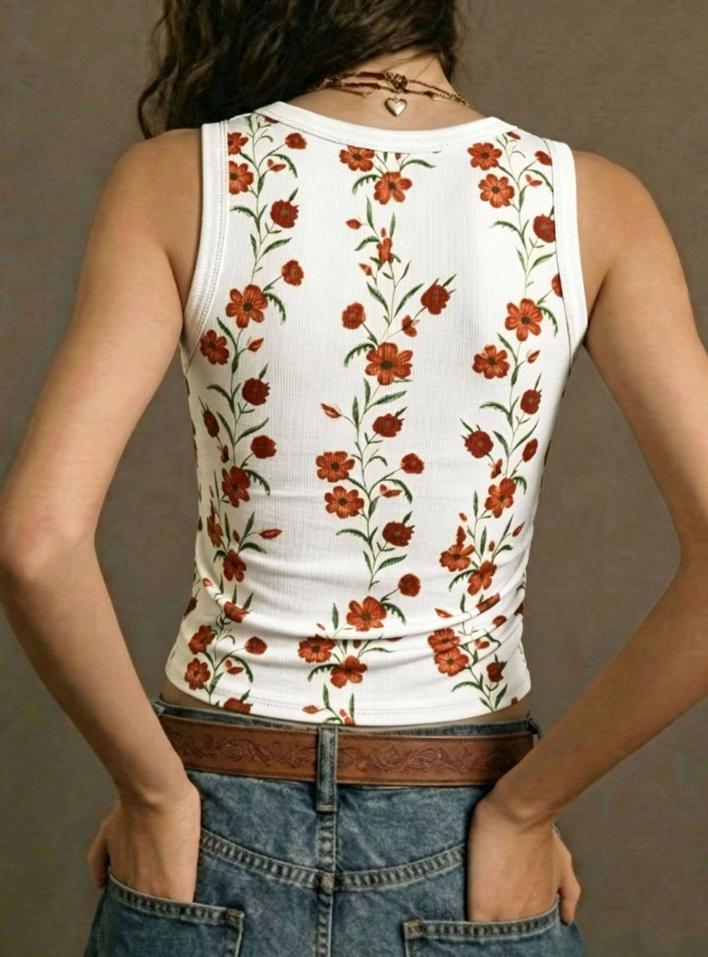 Boho Retro Floral Print Ribbed Knit Slim-Fit Tank Tops