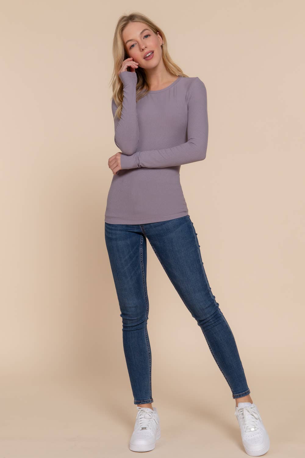 Long Sleeve Crew Neck Rayon Rib Knit Top