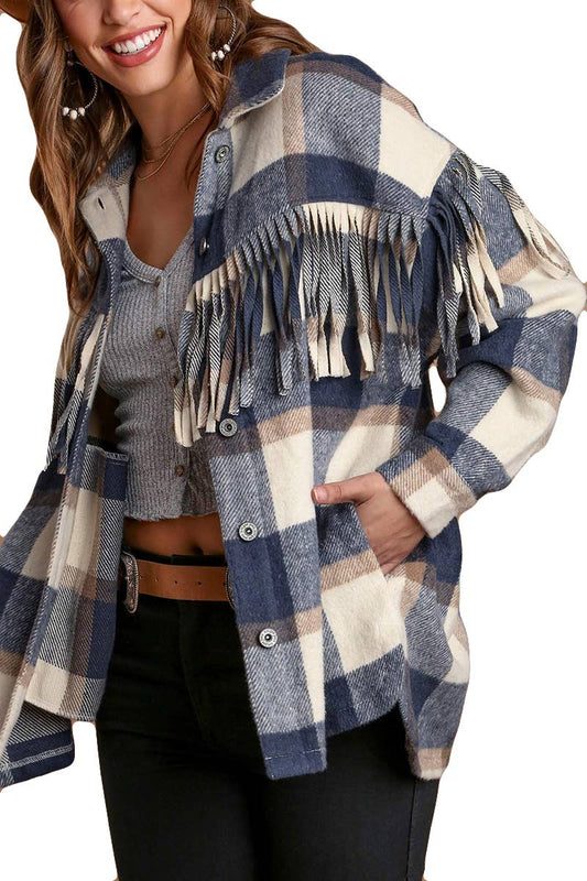 Plaid Button Down Collared Jacket with Fringe Details