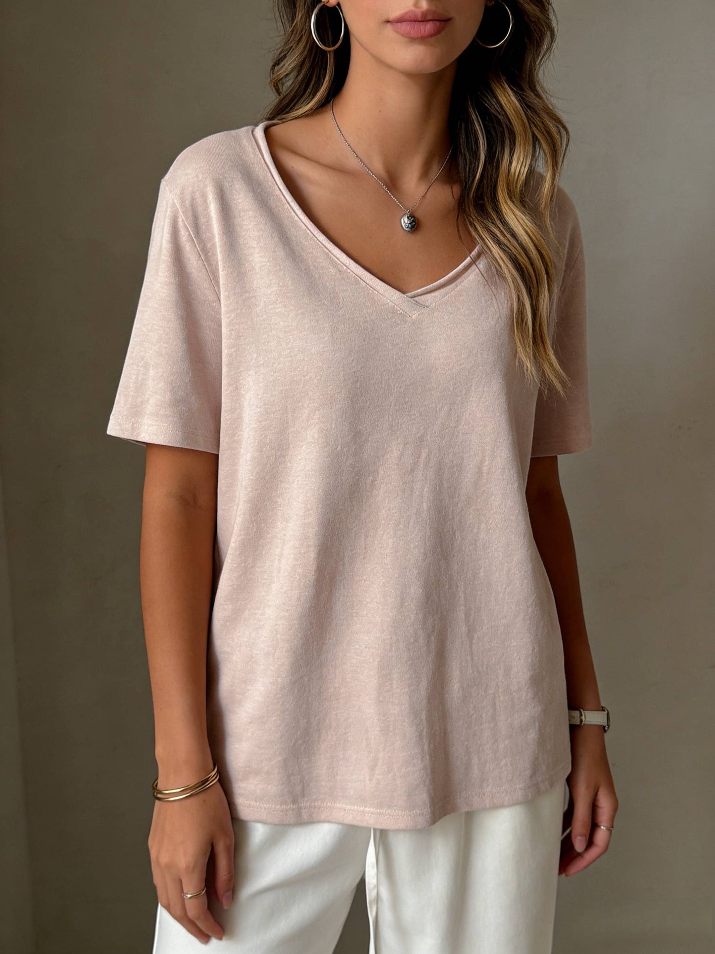 Cotton blend short sleeve roll neck tees V-neck T-shirt