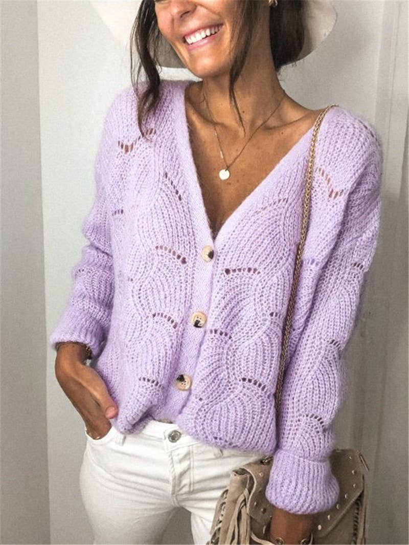 V-Neck Hollow Knit Cardigan Sweater