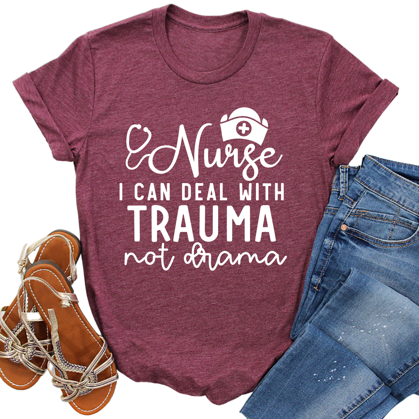 Nurse I Can Deal With Trauma Not Drama T-Shirt- Heather Charcoal