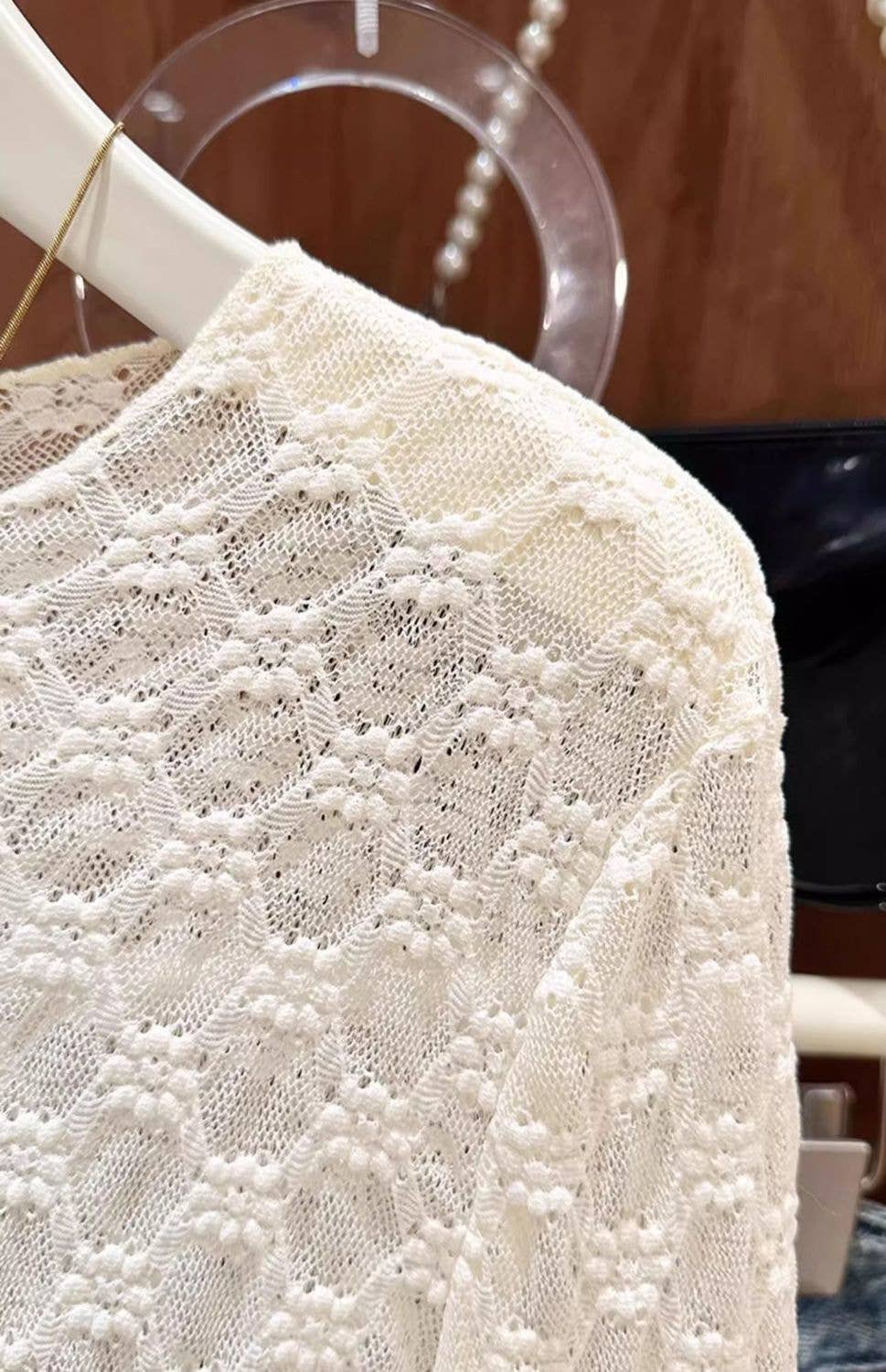Sheer Mesh Diamond Floral Lace Layering Fitted Crew Top