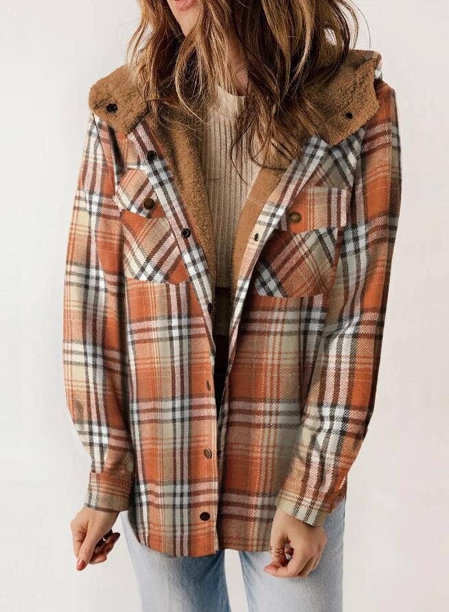 Western buttons hoodie plaid fleece lined shacket coat