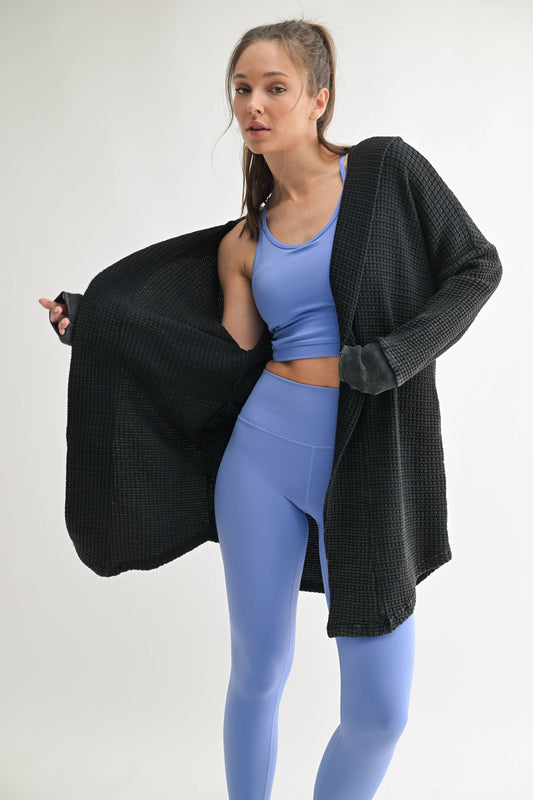 Chunky Waffle Mineral Wash Hooded Open Cardigan