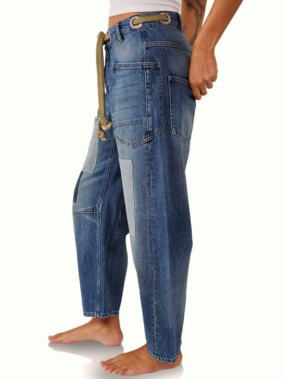 Western chic drawstring patchwork wide-leg jeans