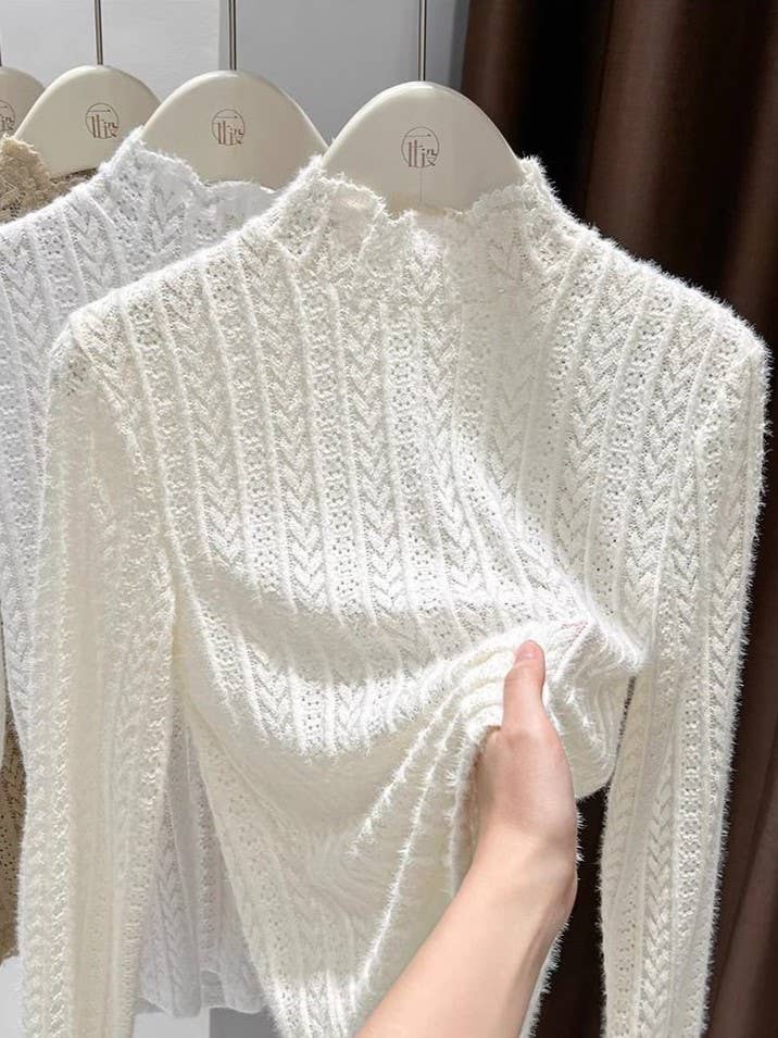 Soft knit Fluffy Texture Lace High neck Layering Top