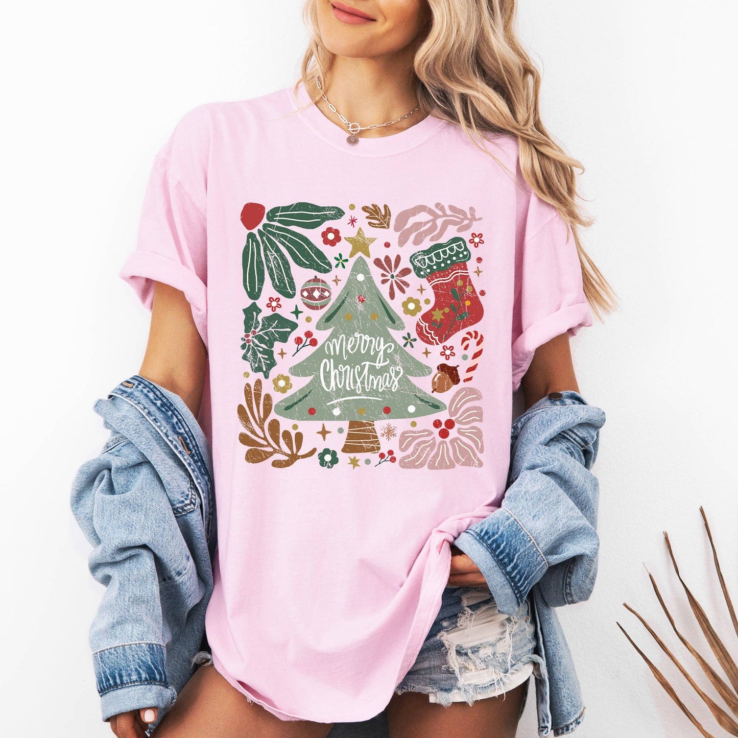 Merry Christmas, Green Floral, Flowers, Xmas Tshirt