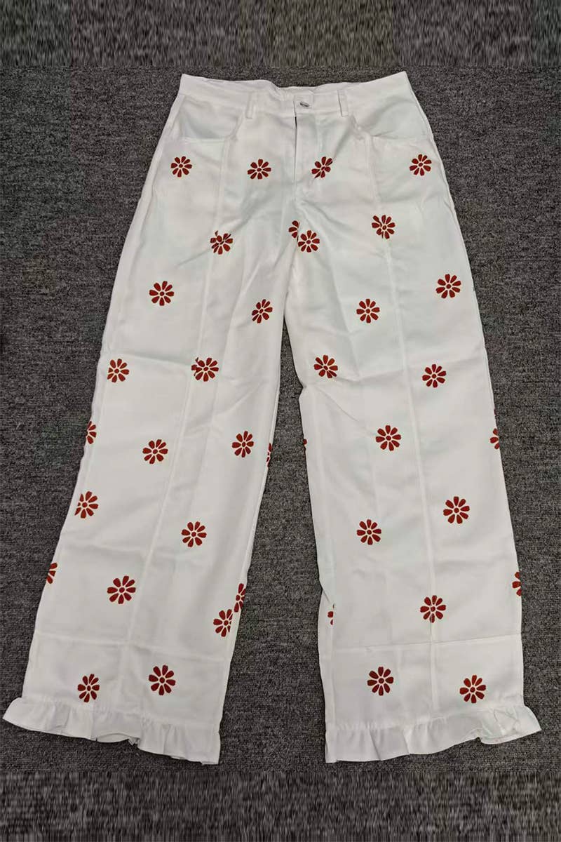 Floral Ruffle Hem Wide Leg Casual Pants