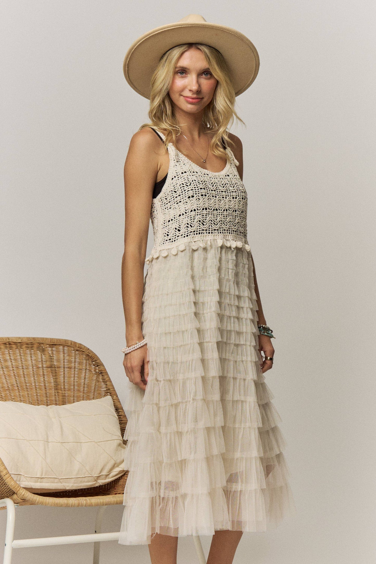 CROCHET TIERED TULLE DRESS