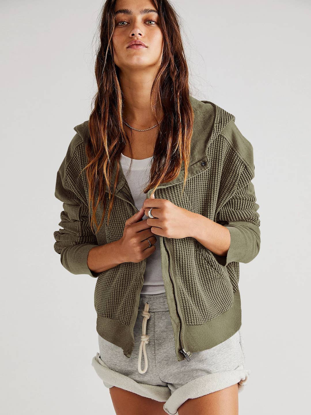 Half button zip up waffle crop hoodie sweatshirt jacket