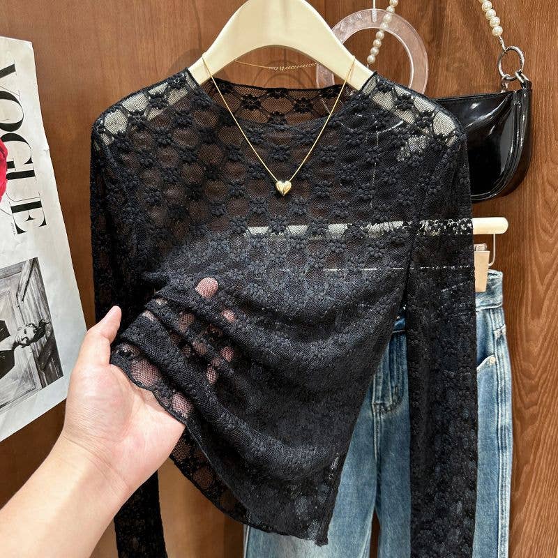 Sheer Mesh Diamond Floral Lace Layering Fitted Crew Top
