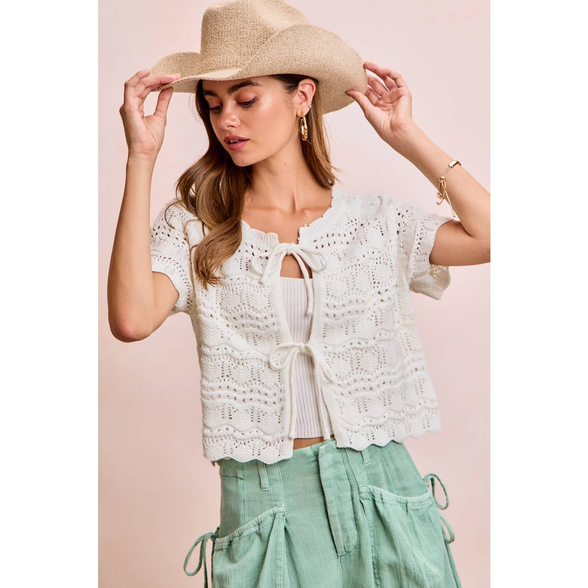 FRONT BOW TIE DETAIL POINTELLE KNIT TOP